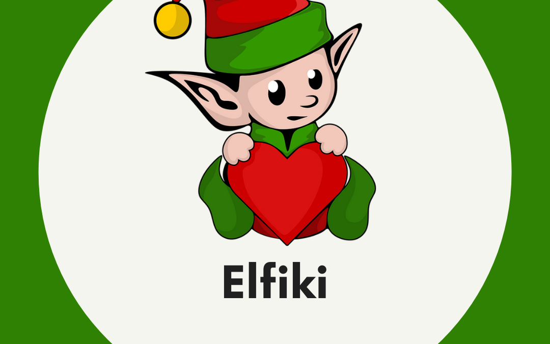 Obrazek przedstawia elfika trzymającego serce znajdującego się na tle szarego koła a to jest umiejscowione na zielonym tle.