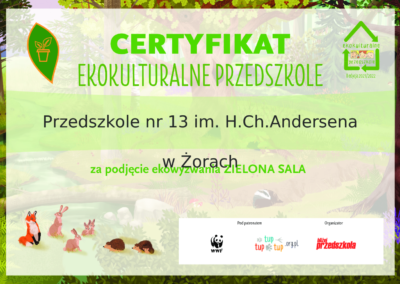 Certyfikat ekokulturalne przedszkole za podjęcie ekowyzwania ZIELONA SALA