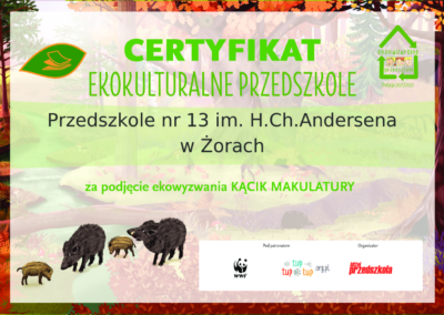 Certyfikat ekokulturalne przedszkole za podjęcie ekowyzwania KĄCIK MAKULATURY