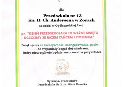 Podziękowanie za udział w Ogólnopolskiej Akcji pn. "Dzień przedszkolaka to ważne święto - uczcijmy je razem tańcem i piosenką"