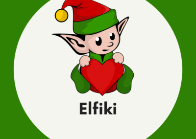 Obrazek przedstawia elfika trzymającego serce znajdującego się na tle szarego koła a to jest umiejscowione na zielonym tle.